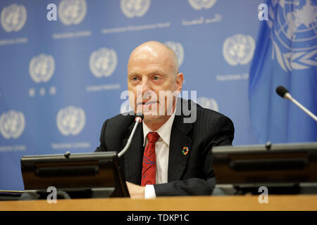 New York, NY, USA. 17th June, 2019. United Nations, UN headquarters in New York. 17th June, 2019. John Wilmoth, Director of the Population Division of the UN Department of Economic and Social Affairs (UNDESA), briefs journalists on the World Population Prospects 2019: Highlights, at the UN headquarters in New York, June 17, 2019. The world's population is expected to increase by 2 billion in the next 30 years, from 7.7 billion currently to 9.7 billion in 2050, according to a United Nations report released here on Monday. Credit: Xinhua/Alamy Live News Stock Photo
