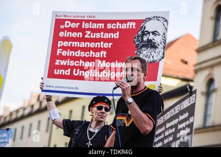 Munich, Bavaria, Germany. 17th June, 2019. MICHAEL STUERZENBERGER appearing at a Buergerbewegung Pax Europa far-right demonstration in Munich, Germany. Headed by the Verfassungsschutz (Secret Service) monitored Michael Stuerzenberger, the Buergerbewegung Pax Europa (Citizen Initiative Pax Europa) islamophobic group marched through the University area of Munich, Germany. Despite claiming to be for Judeo-Christian culture, the group had numerous known anti-semites, anti-semitic conspiracy theorists, and right-extremists among their 50 followers. Credit: ZUMA Press, Inc./Alamy Live News Stock Photo