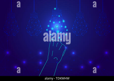 Fingers touch light bulbs on screen, dot line link glowing light bulbs, web tech ideas, brainstorming concept Stock Photo