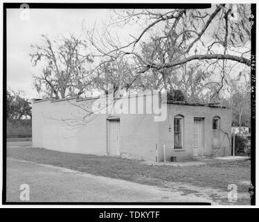 Oblique view of rear (south) and west sides of building, facing north. - Troup Store, South side of U.S. Highway 84, east of Roe Street, Stockton, Lanier County, GA Stock Photo