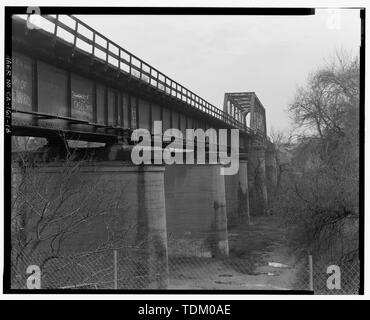 Oblique view to south-southeast of downstream (west) side of bridge from near north abutment. - Stanislaus River Bridge, Atchison, Topeka and Santa Fe Railway at Stanislaus River, Riverbank, Stanislaus County, CA Stock Photo