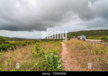 Gravatá, Pernambuco, Brazil - June, 2019: Beautiful view of green fields, near the Bridge of Serra das Russas at BR-232. Stock Photo