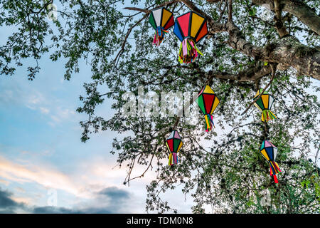 Festa Junina, Sao Joao, Party with colorful Flags and Balloons it happens in June, mostly in Northeast of Brazil. Stock Photo