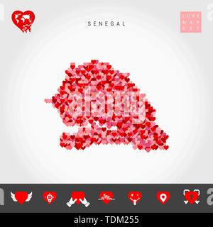 I Love Senegal. Red and Pink Hearts Pattern Vector Map of Senegal Isolated on Grey Background. Love Icon Set. Stock Vector