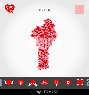 I Love Benin. Red and Pink Hearts Pattern Vector Map of Benin Isolated on Grey Background. Love Icon Set. Stock Vector