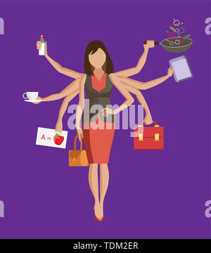 Multitasking woman balancing life with multiple hands vector illustration Stock Photo