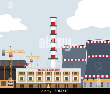 Banner with Nuclear Power Plant , Thermal Station. Nuclear Reactor. Vector Illustration Stock Vector