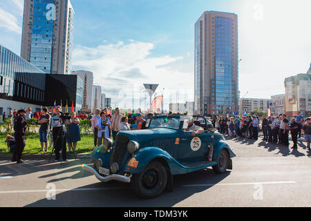 Novokuznetsk, Russia, 13 June 2019: The 7th Peking to Paris Motor Challenge 2019. Hudson Terraplane Convertible 1934 leaving the city and going to Stock Photo
