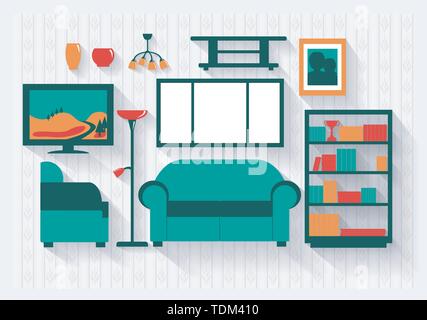 Lounge or Sitting Room with Bookcase and Furniture Long Shadows All items grouped separately and easy to move or edit Stock Vector