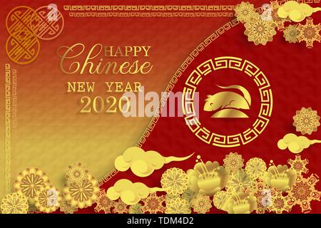 Chinese new year 2020 greeting card wth cute rat, zodiac sign, paper cut style on red and gold background. Vector illustration. Stock Vector