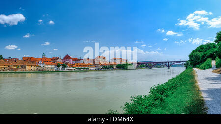 Lent district in Maribor, Slovenia, a popular waterfront promenade with historical buildings on the banks of Drava river Stock Photo