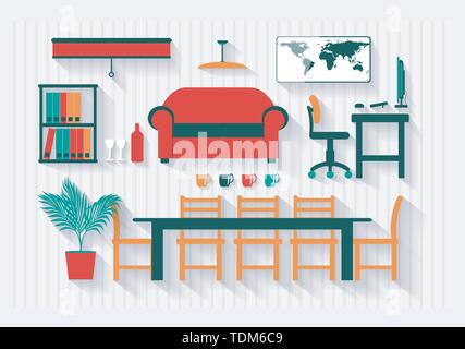 Office Boardroom with Computer and Furniture Long Shadows - All items grouped separately and easy to move or edit Stock Vector
