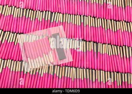 Neat rows of waterproof stormproof emergency matches. Metaphor survival skills, organized mind, neat and tidy mind, regimented, lined up, in neat line