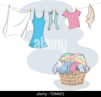 Laundry in Basket and hanging on Washing Line - grouped and layered easy to edit Stock Vector