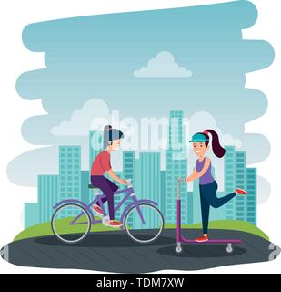happy athletic girls in skateboard and bicycle on the park Stock Vector
