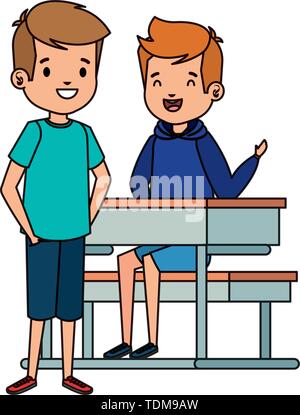 happy little students boys seated in school desk Stock Vector