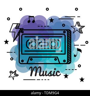 cassette play melody with notes and stars Stock Vector