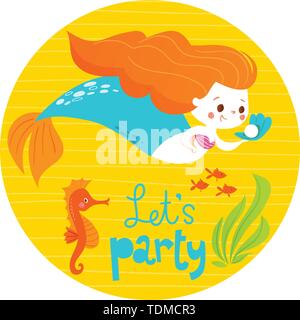 Cartoon style vector summer design with cute mermaid girl and sea fish  Stock Vector