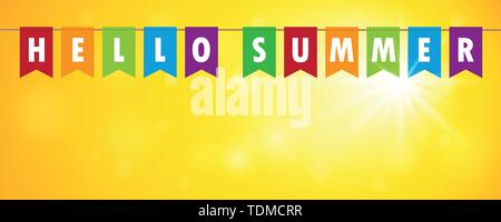 hello summer party flags banner on yellow sunny background vector illustration EPS10 Stock Vector