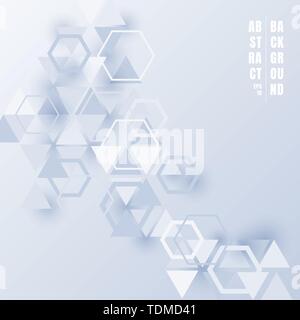 Abstract triangles and hexagons light blue color with shadow on white background. Geometric pattern futuristic technology style for business tech pres Stock Vector