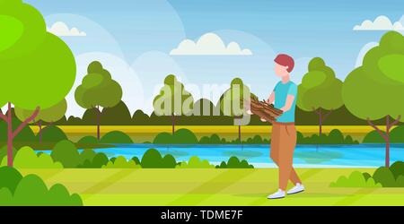 man hiker holding firewood for bonfire hiking camping concept traveler on hike beautiful nature landscape background full length horizontal flat Stock Vector