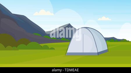 tent camping area campsite near river summer camp travel vacation concept mountains landscape nature background flat horizontal Stock Vector