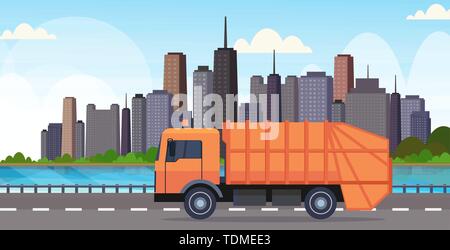 orange garbage truck urban sanitary vehicle moving city highway waste recycling concept modern cityscape background flat horizontal Stock Vector