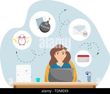 The girl is nervous about the deadline. A lot of cases, deadlines, lack of time. Flat cartoon style vector illustration Stock Vector