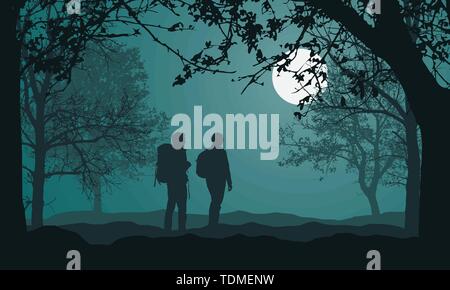 Illustration of landscape with forest, trees and hills, under night green sky with full moon and space for text. Two people, tourist with backpack. Ma Stock Vector