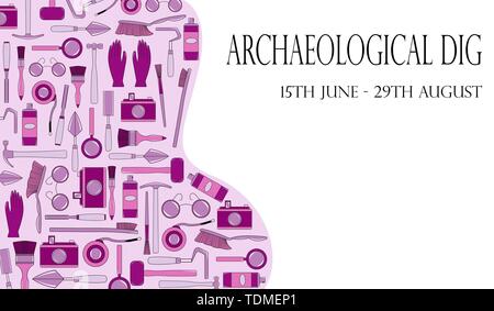 Illustration with tools of geologist, archaeologist, builder. Poster template. Flat cartoon style vector illustration Stock Vector