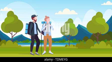 couple tourists hikers with backpacks and stick trekking hiking concept man woman travelers on hike beautiful river mountains landscape background Stock Vector