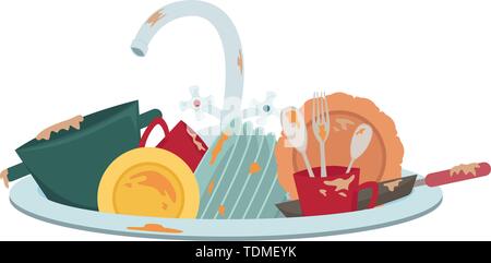 Kitchen sink with dirty dishes. Housework. Isolated illustration. Flat cartoon style vector illustration Stock Vector