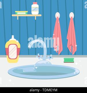 Clean kitchen sink. Housework. Flat cartoon style vector illustration. Stock Vector