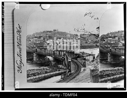 PHOTOCOPY OF 1-2 STEREO VIEW OF B and O RAILROAD BRIDGE CROSSING THE POTOMAC RIVER AT HARPERS FERRY, REST VIRGINIA - Baltimore and Ohio Railroad, Harpers Ferry Bridge Piers, Junction of Potomac and Shenandoah Rivers, Sharpsburg, Washington County, MD; LaTrobe, Benjamin H; Bollman, Wendel; Wernwag, Lewis; Lester, William; Brown, John Stock Photo