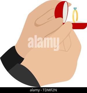 A man makes a marriage proposal. Men's hands holding a red velvet box with a diamond engagement ring. Flat cartoon style vector illustration Stock Vector