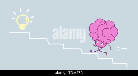 cute human brain climbing stairs up to light lamp pink cartoon character creative innovation idea concept kawaii sketch style horizontal Stock Vector