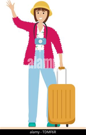 A happy tourist with a camera and a suitcase is going on vacation. Journey. Flat cartoon style vector illustration Stock Vector