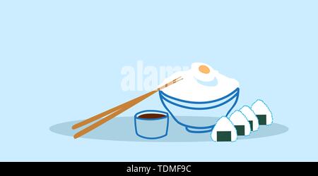 bowl of rice with boiled egg and sushi served with chopsticks sau sauce traditional asian food concept hand drawn sketch doodle horizontal Stock Vector