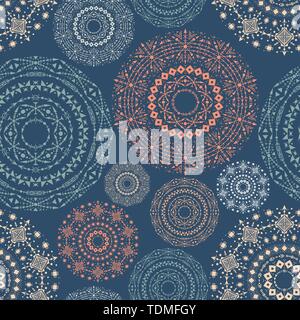 Ethnic seamless pattern with tribal ornaments. Boho geometrical pattern. Blue color. Vector line background. Stock Vector