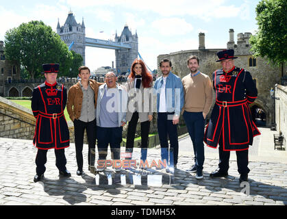 Tom Holland, Jacob Batalon, Zendaya, Jake Gyllenhaal and director Jon Watts attending the Spider-Man: Far From Home Photocall held at the Tower of London. Stock Photo