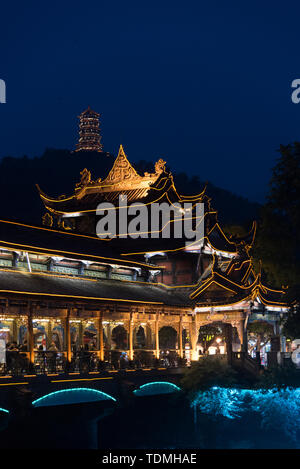 Night photography of Dujiangyan Irrigation System Bridge,  Sichuan Province, People's Republic of China. Stock Photo