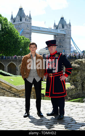 Tom Holland attending the Spider-Man: Far From Home Photocall held at the Tower of London. Stock Photo