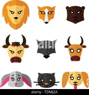 Set of icons or logos with domestic, wild and farm animals Vector illustration in flat style. Stock Vector