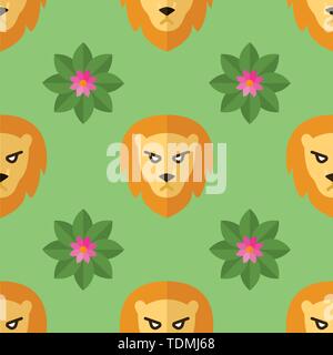 Seamless pattern for textiles with lions and flowers on a light, green background. Vector illustration in flat style Stock Vector