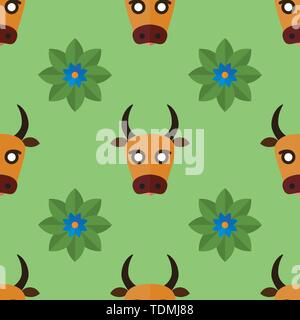 Seamless vector pattern with cow and flowers on grey background