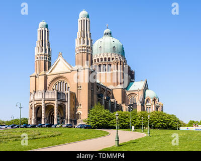 Three-quarter front view of the National Basilica of the Sacred Heart, located in the Elisabeth park in Koekelberg, Brussels-Capital region, Belgium.