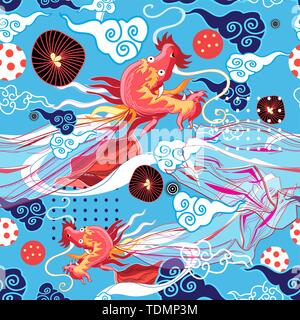 Seamless graphic bright chinese pattern with red dragon and clouds on blue background Stock Vector