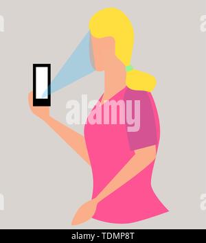 Girl taking selfie, pixel art.Woman recording video taking photo on phone camera texting making video call reading mail watching phone screen. Smartph Stock Vector