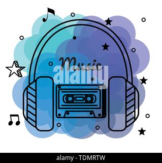 headphones and cassette with treble clef and quaver with beam notes Stock Vector