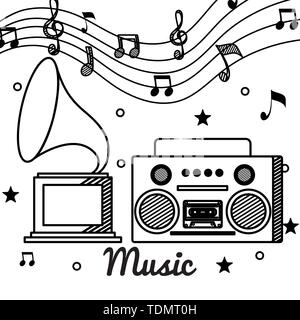 turntable and radio with treble clef and quaver with beam notes Stock Vector